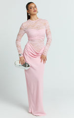 Crisanta Maxi Dress - Long Sleeve Contrast Lace Bodycon Dress in Pink
