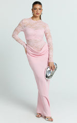 Crisanta Maxi Dress - Long Sleeve Contrast Lace Bodycon Dress in Pink