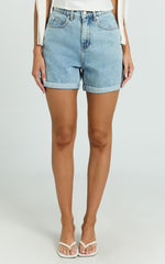 Cristiana Shorts - High Waisted Cuffed Denim in Light Blue Wash