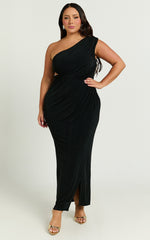 Cristle Midi Dress - One Shoulder Side Cut Out Thigh Split Dress in Black