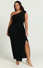 Cristle Midi Dress - One Shoulder Side Cut Out Thigh Split Dress in Black