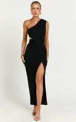 Cristle Midi Dress - One Shoulder Side Cut Out Thigh Split Dress in Black