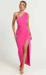 Cristle Midi Dress - One Shoulder Side Cut Out Thigh Split Dress in Hot Pink