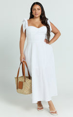 Tymia Midi Dress - Shoulder Tie Bustier Shirred Back A Line in White