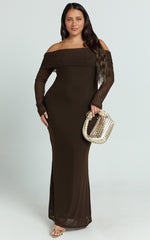 Bethanie Maxi Dress - Off The Shoulder Mesh Dress in Chocolate