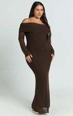 Bethanie Maxi Dress - Off The Shoulder Mesh Dress in Chocolate