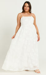 Claya Maxi Dress - Sleeveless Straight Neckline Floral Detail Dress in White Embroidery