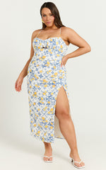 Frederica Midi Linen Blend Dress - Gathered Sweetheart Tie Back Front Split Dress in Limoncello Tile
