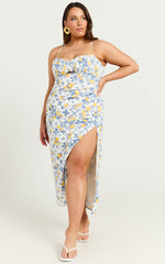 Frederica Midi Linen Blend Dress - Gathered Sweetheart Tie Back Front Split Dress in Limoncello Tile