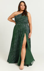 Isra Maxi Dress - Lurex Slit Cut Out One Shoulder Dress in Emerald