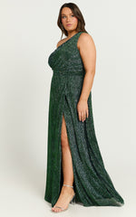 Isra Maxi Dress - Lurex Slit Cut Out One Shoulder Dress in Emerald