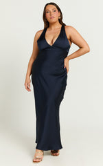 Khalani Midi Dress - Deep V Neck Satin Slip Dress in Navy