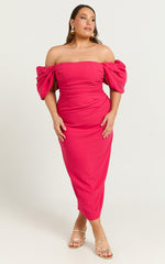 Lohan Midi Dress - Off Shoulder Puff Sleeve in Berry