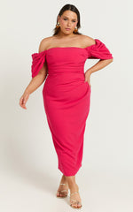 Lohan Midi Dress - Off Shoulder Puff Sleeve in Berry
