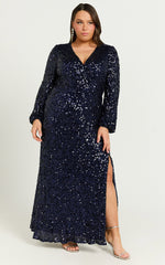 Mariella Midi Dress - Sequin Long Sleeve Thigh Split Dress in Navy