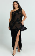 Shelby Maxi Dress - One Shoulder Rosette Fitted Applique Dress in Black