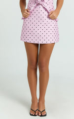 Cynthia Mini Skirt - Fitted Polka Dot Skirt in Fondant Pink Polka Dot