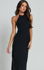 Cyrena Maxi Dress - Linen Halter Neck Sleeveless Slip Dress in Black