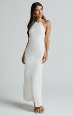 Cyrena Maxi Dress - Linen Halter Neck Sleeveless Slip Dress in Off White