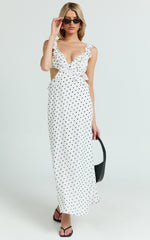 Dahlia Midi Dress - Ruffle Details Slip Dress in White Based Polkadot