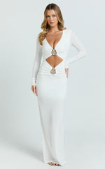 Dakota Maxi Dress - Long Sleeve V Neck Bodycon Dress in Cream