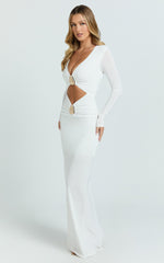 Dakota Maxi Dress - Long Sleeve V Neck Bodycon Dress in Cream