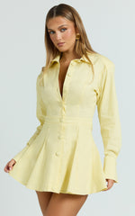 Dale Mini Dress - Power Shoulder Collared Button Down Fit And Flare Dress in Lemon