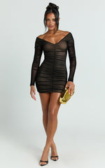 Dani Mini Dress - Mesh Long Sleeve Off Shoulder Ruched Dress in Black