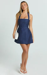 Dante Mini Dress - Halter Neck Tie Tulip Skirt Dress in Navy Polka Dot