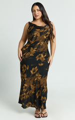 Dara Midi Dress - Low Neck Sleeveless Slip Dress in Amber Floral Print