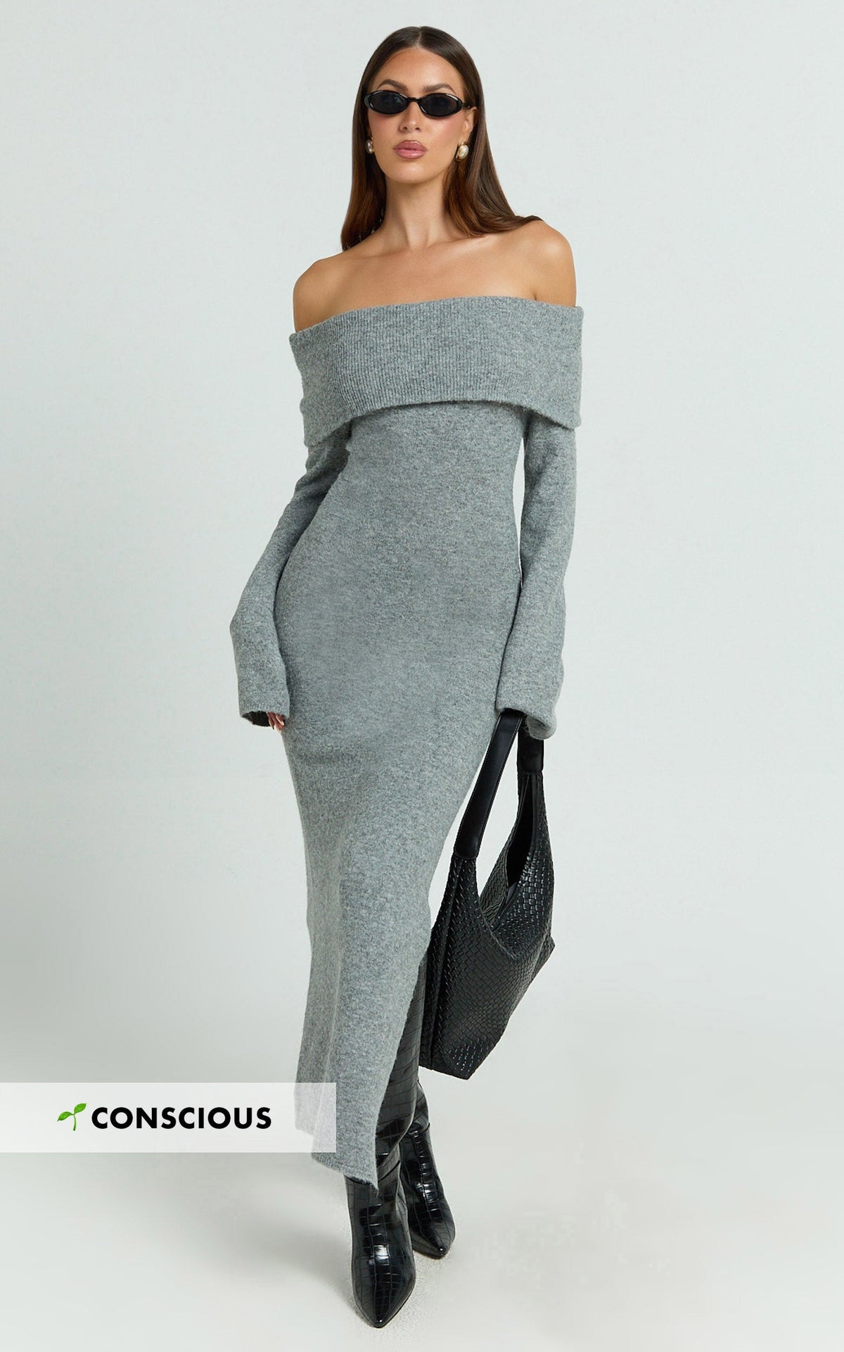 Darcie Midi Dress - Off Shoulder Knitted Long Sleeve Dress in Grey Marle
