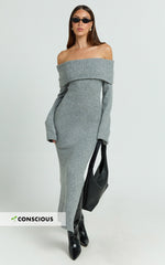 Darcie Midi Dress - Off Shoulder Knitted Long Sleeve Dress in Grey Marle