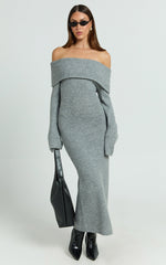 Darcie Midi Dress - Off Shoulder Knitted Long Sleeve Dress in Grey Marle