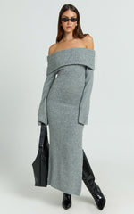 Darcie Midi Dress - Off Shoulder Knitted Long Sleeve Dress in Grey Marle
