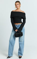 Darcie Top - Off Shoulder Long Sleeve Knitted Top in Black