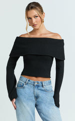 Darcie Top - Off Shoulder Long Sleeve Knitted Top in Black