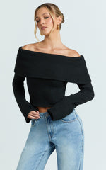 Darcie Top - Off Shoulder Long Sleeve Knitted Top in Black