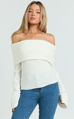 Darcie Top - Off Shoulder Long Sleeve Knitted Top in Cream