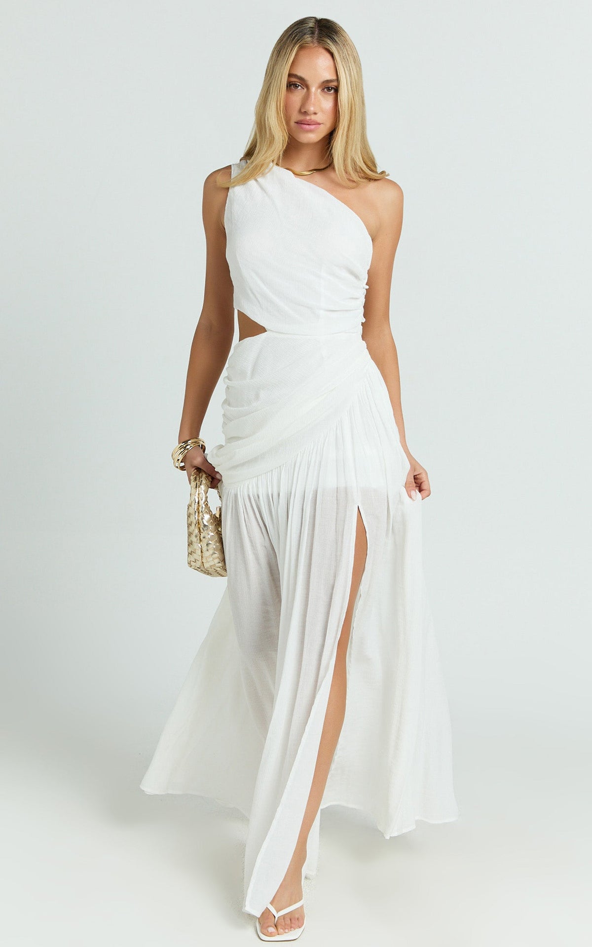 Darcy Maxi Dress - One Shoulder Side Cut Out Gathered Dress in White