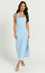 Darcy Midi Dress - Halter Fitted Side Split Dress in Blue