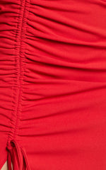 Daria Midi Dress - One Shoulder Long Sleeve Side Split Dress in Red