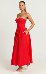 Daria Midi Dress - Strapless Corset Gathered Dress in Red