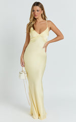 Liliane Maxi Dress - Lace Trim Bias Cut Dress in Lemon
