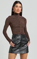 Dawn Top - High Neck Glitter Textured Jersey Top in Brown