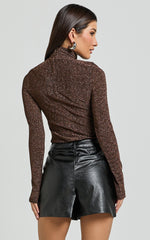 Dawn Top - High Neck Glitter Textured Jersey Top in Brown