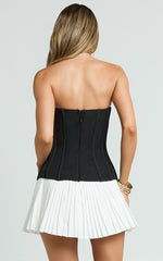 Deb Mini Dress - Strapless Sweetheart Contrast Bodice Pleated Dress in White/Black