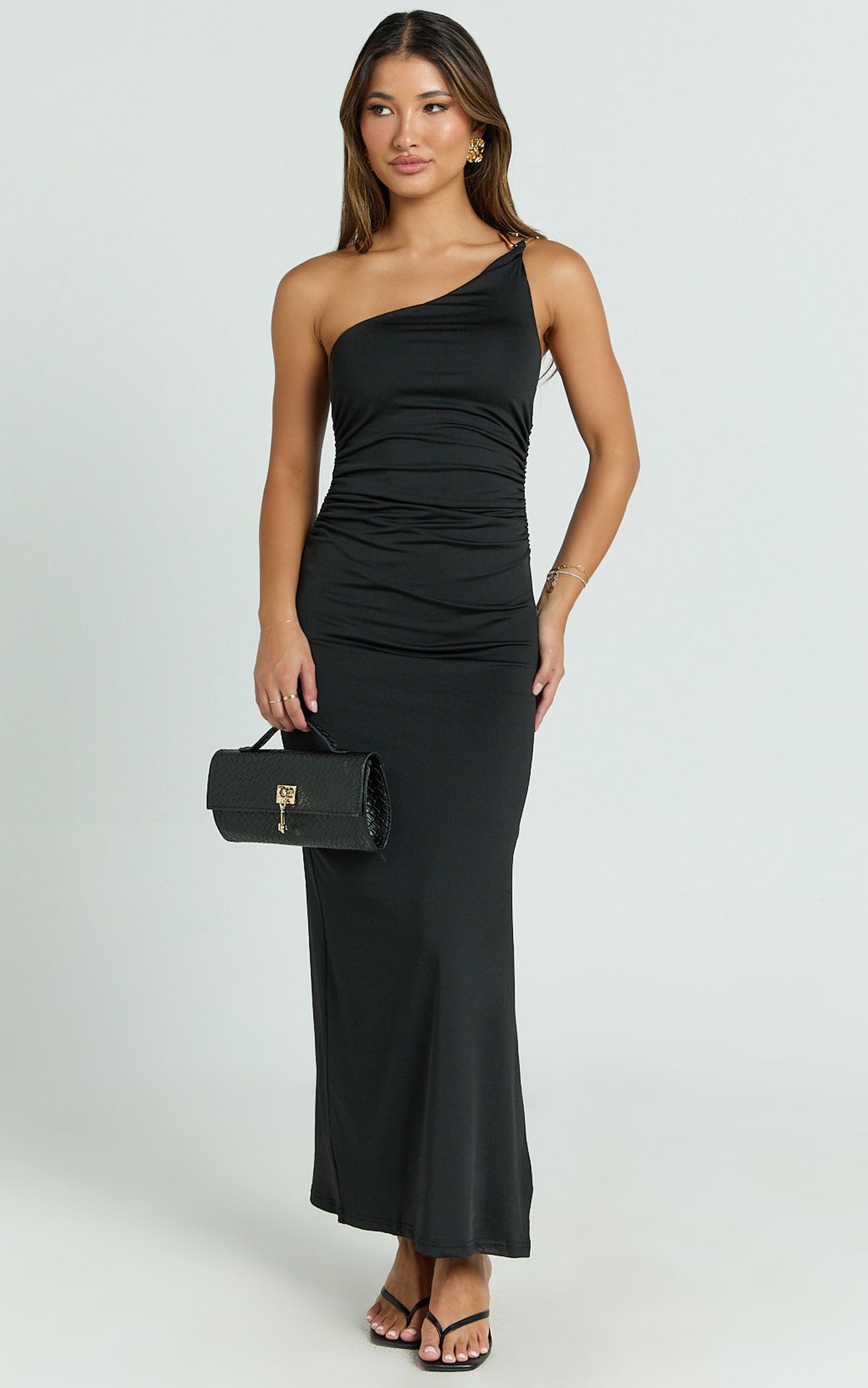 Debbie Maxi Dress - One Shoulder Hardware Detail Dress in Black