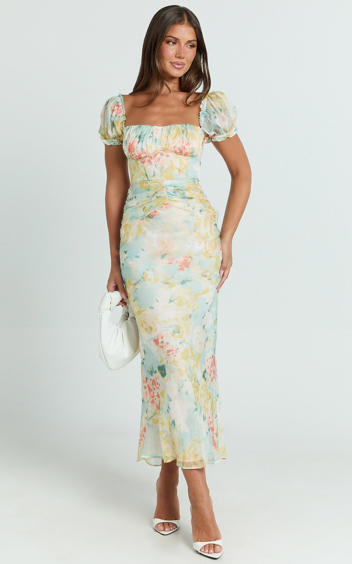 Debina Maxi Dress - Sweetheart Neckline Short Sleeve Dress in Yellow