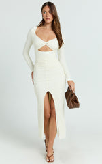 Delaney Midi Dress - Long Sleeve Twist Front Bodycon Dress in Cream