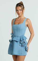 Delia Mini Dress - Denim Fit And Flare Dress in Light Blue Wash